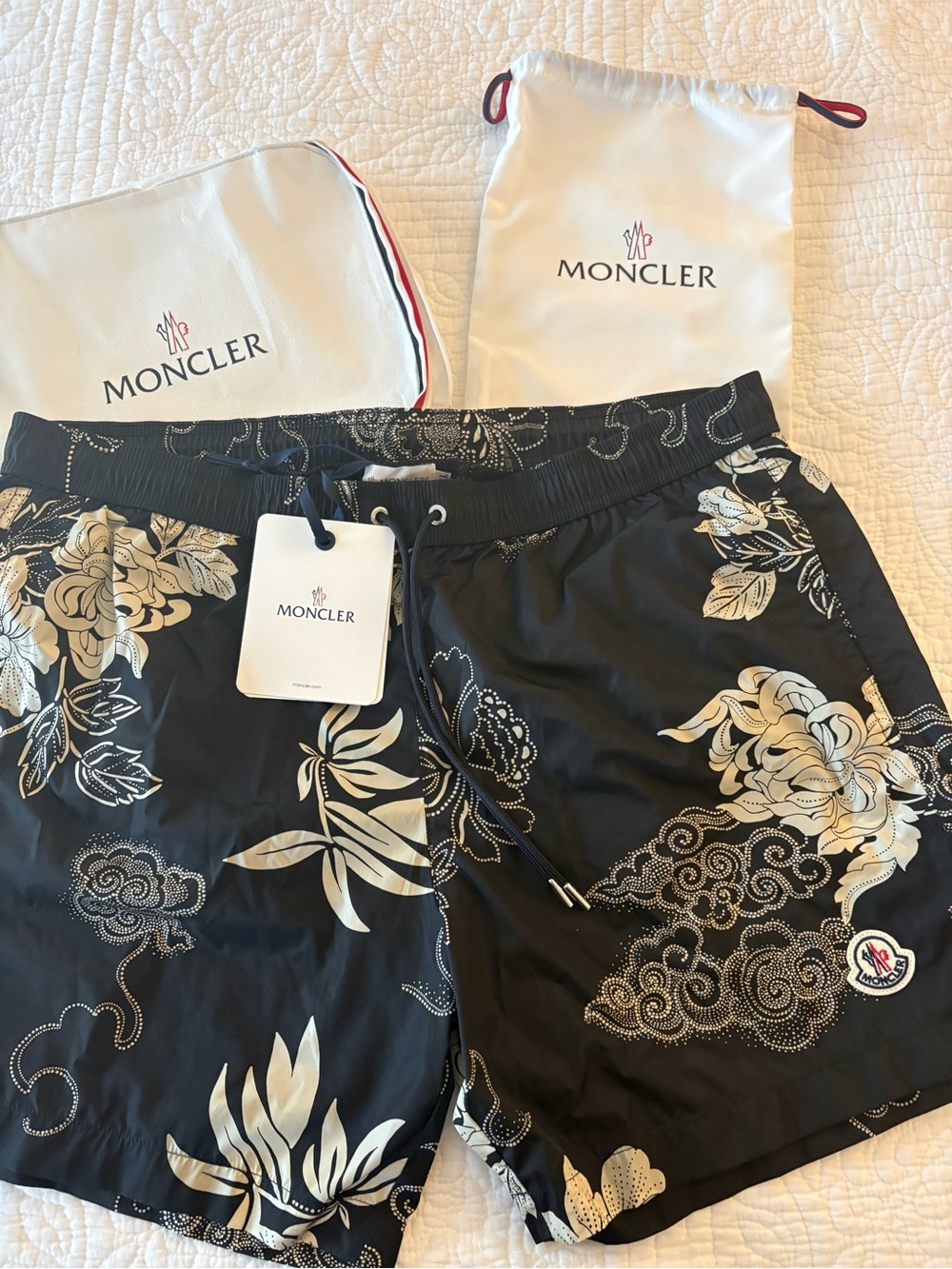 Moncler Black Floral Print Swim Trunks